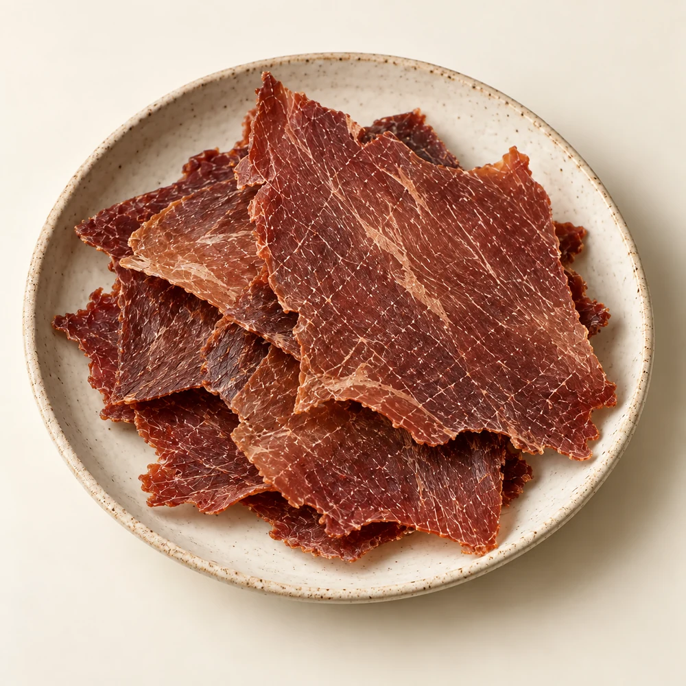 Láminas amplias y delgadas de cecina de res deshidratada, de tono rojizo y fibra fina, en plato marfil