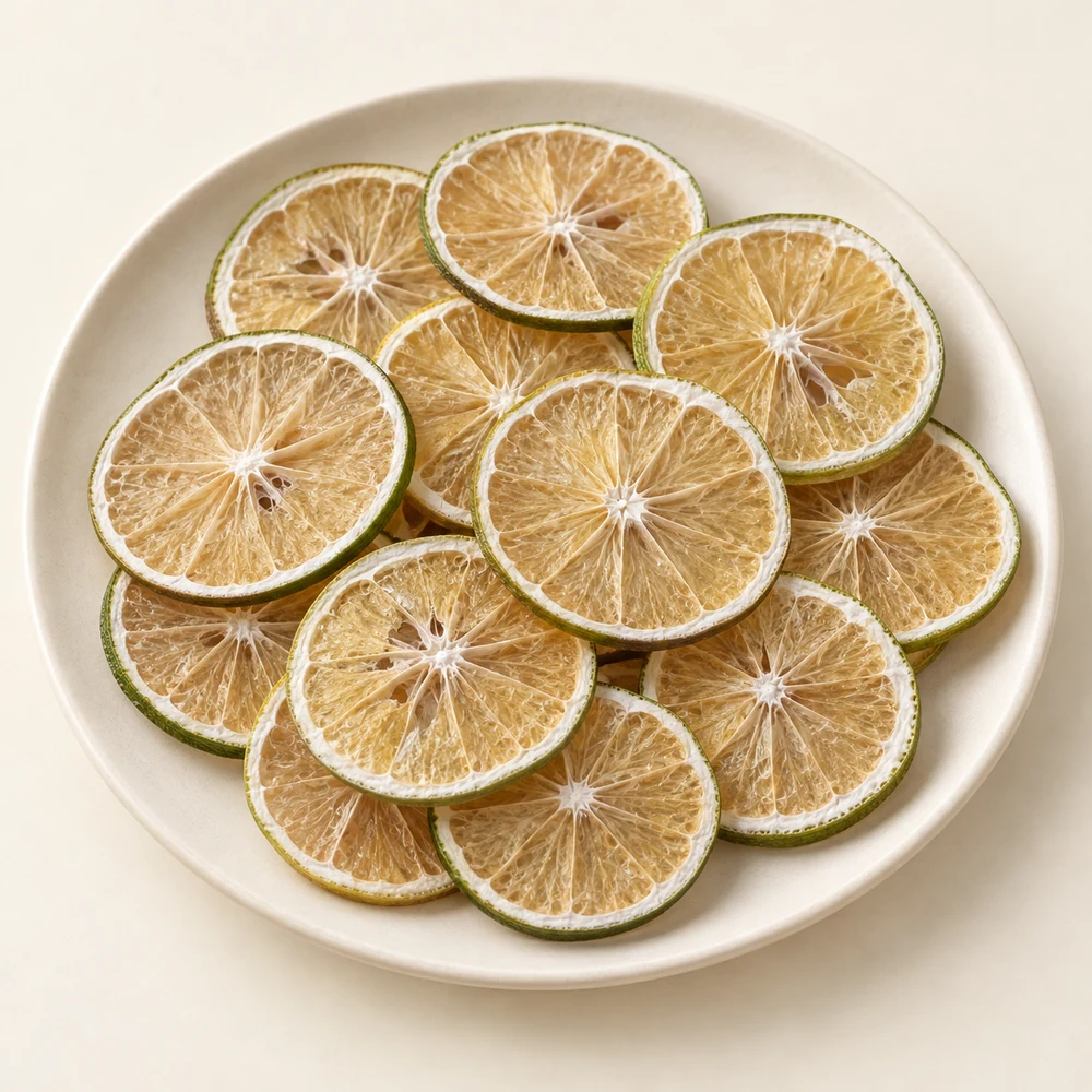 Naranja deshidratada de cáscara verde oliva y pulpa dorada pálida; composición basada en fotografías del producto