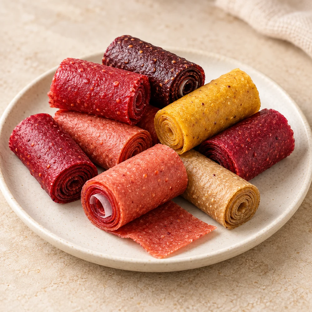 Rollos de pulpa de fruta en tonos rojo, coral, dorado, morado y beige; composición basada en la fotografía del producto