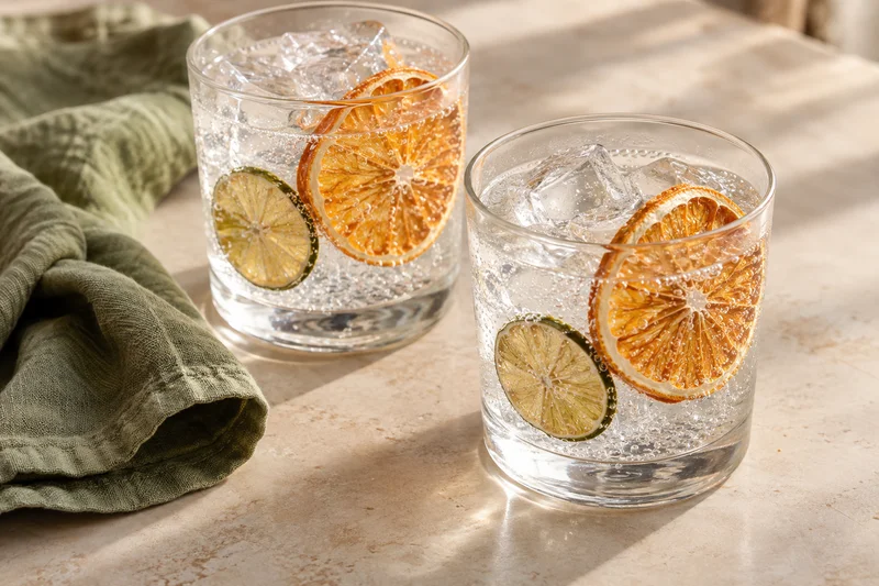 Agua mineral con hielo y rodajas deshidratadas de naranja y limón, servida en vasos; presentación ilustrativa generada con IA