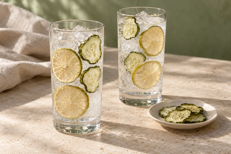 Dos vasos de agua mineral con hielo, rodajas de pepino deshidratado hidratándose y lima dulce mexicana deshidratada amarillo verdosa; presentación ilustrativa generada con IA