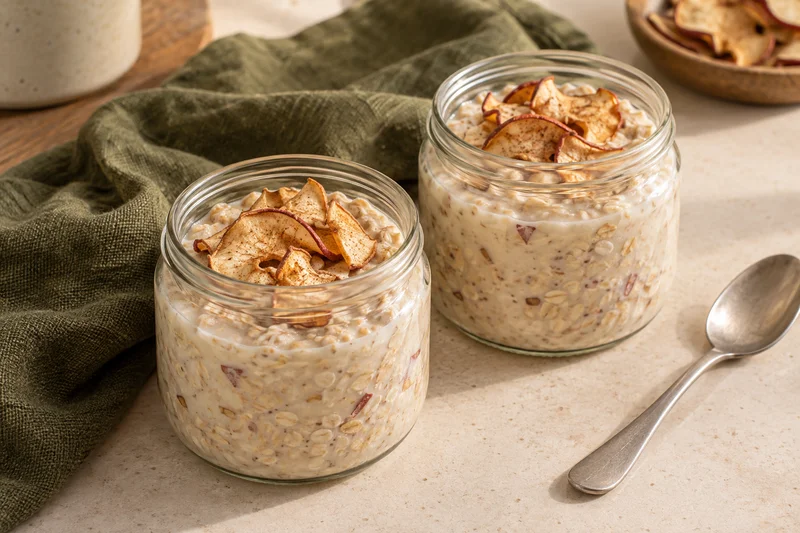 Dos frascos de avena cremosa con yogur y trozos de manzana con canela; presentación ilustrativa generada con IA