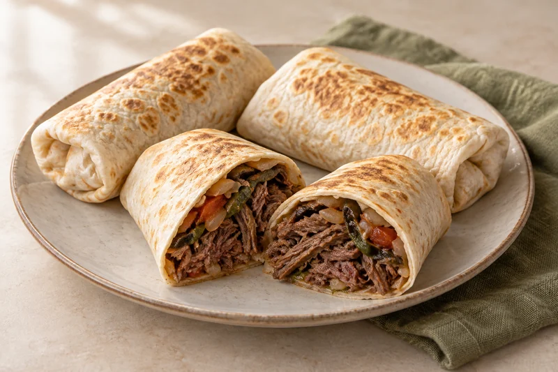 Burritos de tortilla de harina con jerky de res, chile poblano, jitomate y cebolla; presentación ilustrativa generada con IA