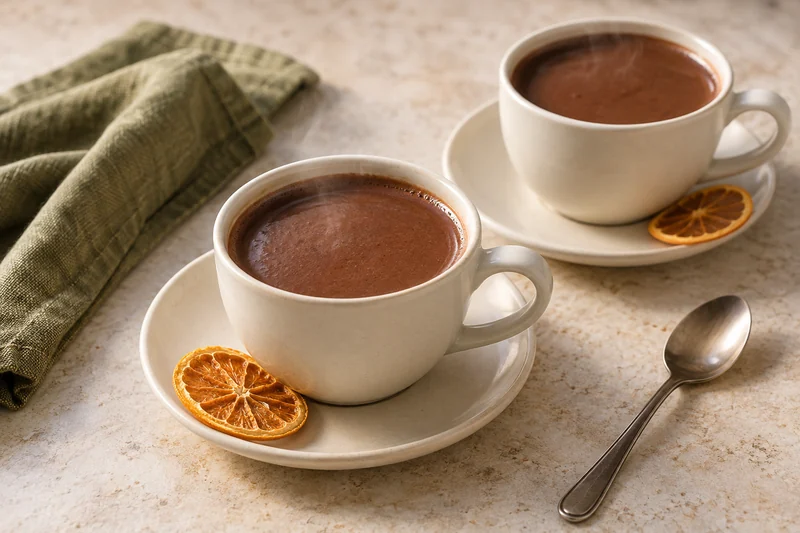 Dos tazas de chocolate caliente con naranja, acompañadas de rodajas de naranja deshidratada; presentación ilustrativa generada con IA