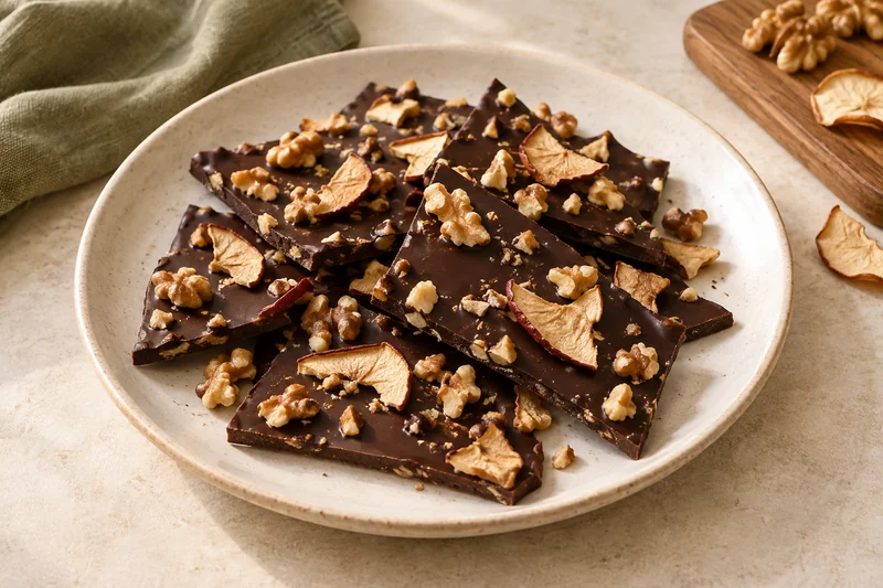 Láminas irregulares de chocolate oscuro con trozos de manzana deshidratada con canela y nueces; presentación ilustrativa generada con IA