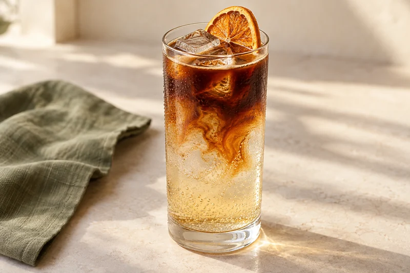 Espresso tonic servido con hielo y una rodaja de naranja deshidratada en un vaso transparente; presentación ilustrativa generada con IA