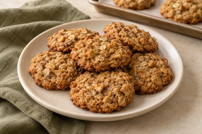 Galletas de avena doradas con pequeños trozos de manzana con canela; presentación ilustrativa generada con IA