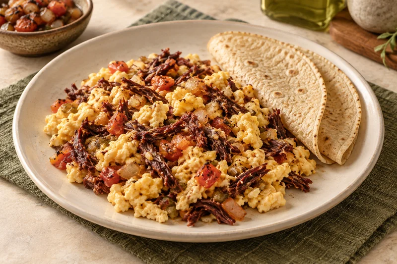 Huevos revueltos bien cocidos con jerky de res y salsa tatemada, acompañados de tortillas; presentación ilustrativa generada con IA