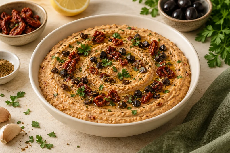 Hummus de garbanzo y yogur con jitomate, aceitunas negras y perejil; presentación ilustrativa generada con IA