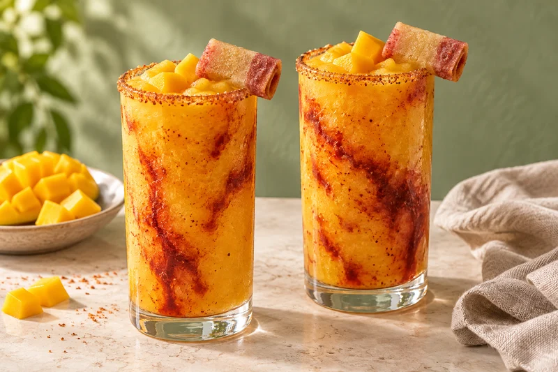 Dos vasos altos de mangonada naranja con vetas rojas de chamoy y una lámina de pulpa de fruta de pepino con chamoy plegada sobre cada borde; presentación ilustrativa generada con IA