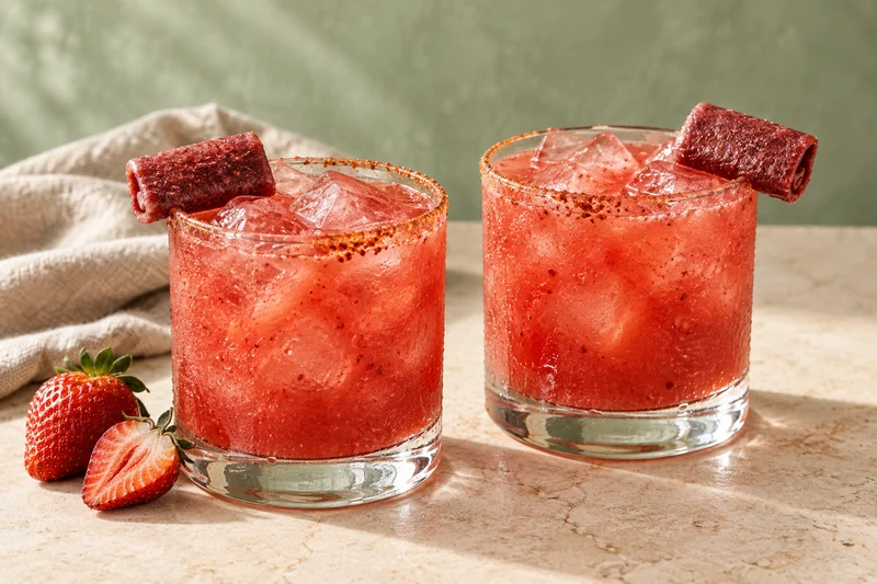 Dos vasos bajos anchos de margarita de fresa sin alcohol, rosada y con hielo, con una lámina roja de pulpa de fruta de fresa con chile plegada sobre cada borde; presentación ilustrativa generada con IA