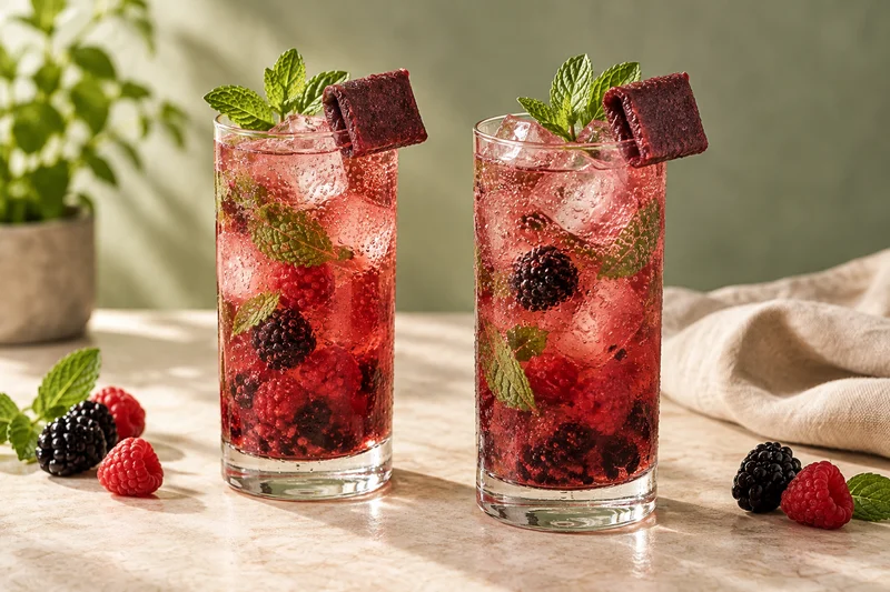 Dos vasos altos de mojito de frutos rojos sin alcohol, rojo rubí con hielo y menta, con una lámina borgoña de pulpa de fruta de frutos rojos plegada sobre cada borde; presentación ilustrativa generada con IA