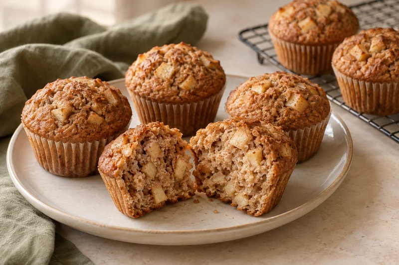 Muffins integrales dorados con pequeños trozos de manzana deshidratada con canela, sin pasas ni nueces; presentación ilustrativa generada con IA