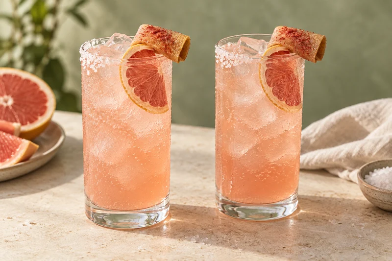Dos vasos altos de paloma sin alcohol, rosa suave con burbujas y hielo, una rodaja de toronja deshidratada y una lámina de pulpa de fruta de pepino con chamoy plegada sobre cada borde; presentación ilustrativa generada con IA