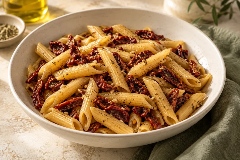 Pasta servida con trozos de jitomate deshidratado y hierbas; presentación ilustrativa generada con IA