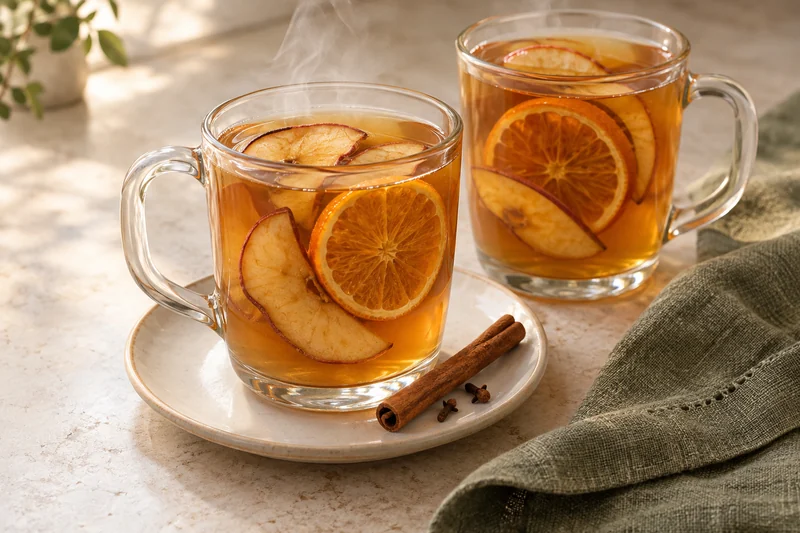 Ponche caliente de manzana y naranja sin alcohol, con fruta deshidratada y canela; presentación ilustrativa generada con IA