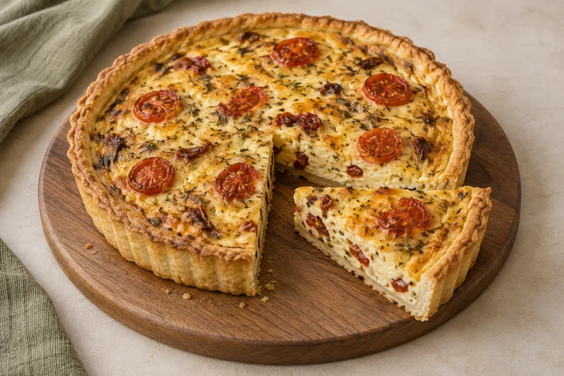 Quiche dorada con jitomate deshidratado, jitomate cherry fresco, hierbas y parmesano; presentación ilustrativa generada con IA