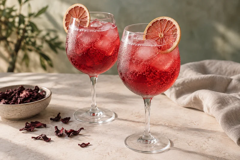 Dos vasos de spritz floral rosado sin alcohol con hielo, burbujas y una rodaja de toronja deshidratada en cada uno; presentación ilustrativa generada con IA