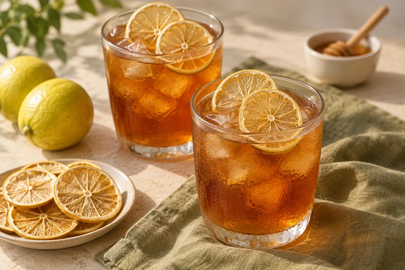Té negro frío con hielo y rodajas deshidratadas amarillo verdosas de lima dulce mexicana; presentación ilustrativa generada con IA