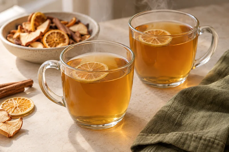 Tisana caliente de manzana, canela y naranja con rodajas deshidratadas de lima dulce mexicana; presentación ilustrativa generada con IA
