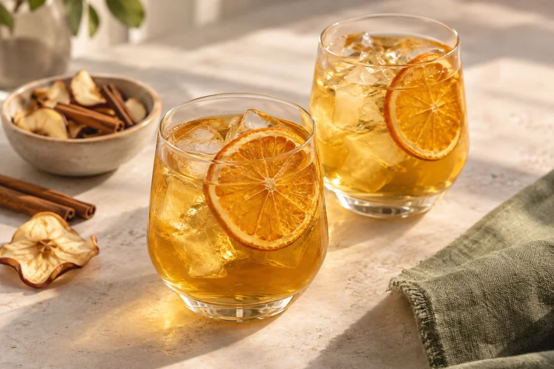Tisana fría de manzana, canela y naranja con hielo y rodajas deshidratadas de naranja; presentación ilustrativa generada con IA