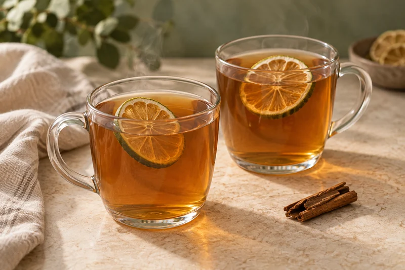 Dos tazas transparentes de tisana ámbar caliente con naranja deshidratada, acompañadas de un trocito de canela; presentación ilustrativa generada con IA