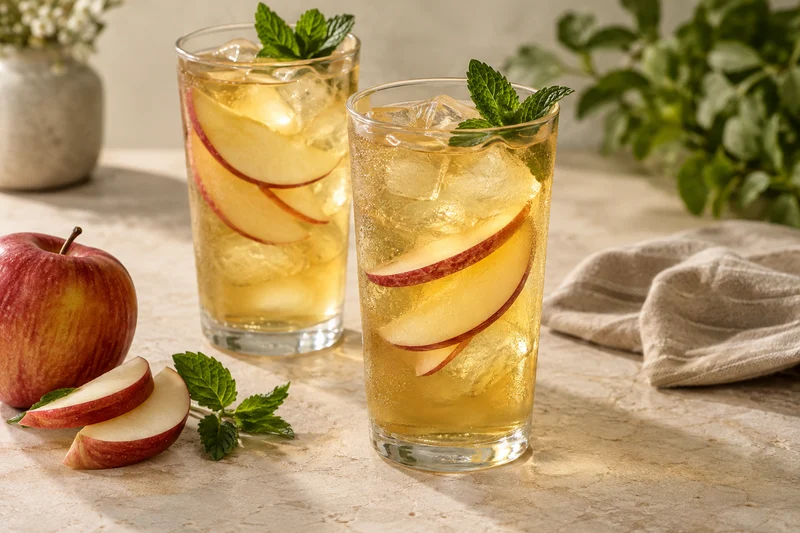 Dos vasos altos de tisana dorada fría con hielo, láminas de manzana fresca y hojas de menta; presentación ilustrativa generada con IA