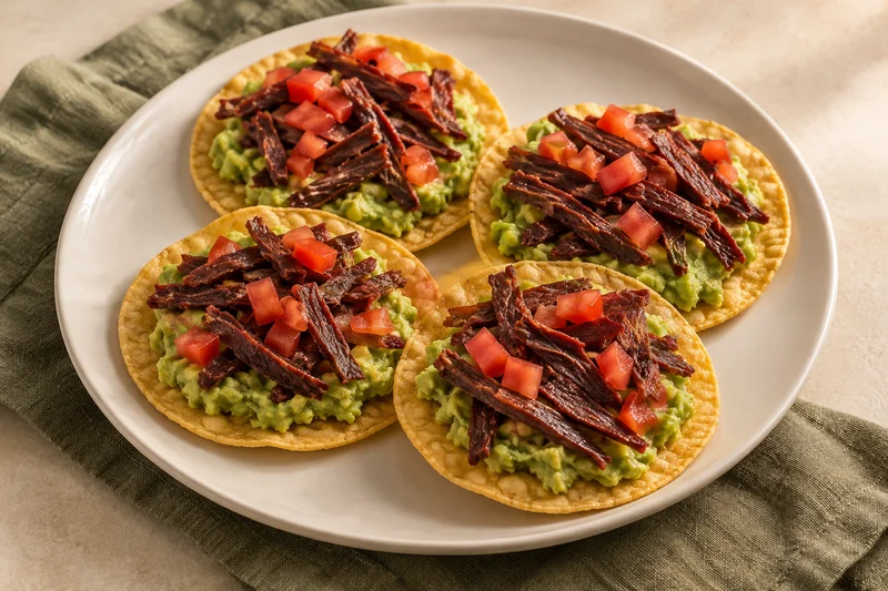 Tostadas de maíz con aguacate, trozos de jerky de res y jitomate picado; presentación ilustrativa generada con IA