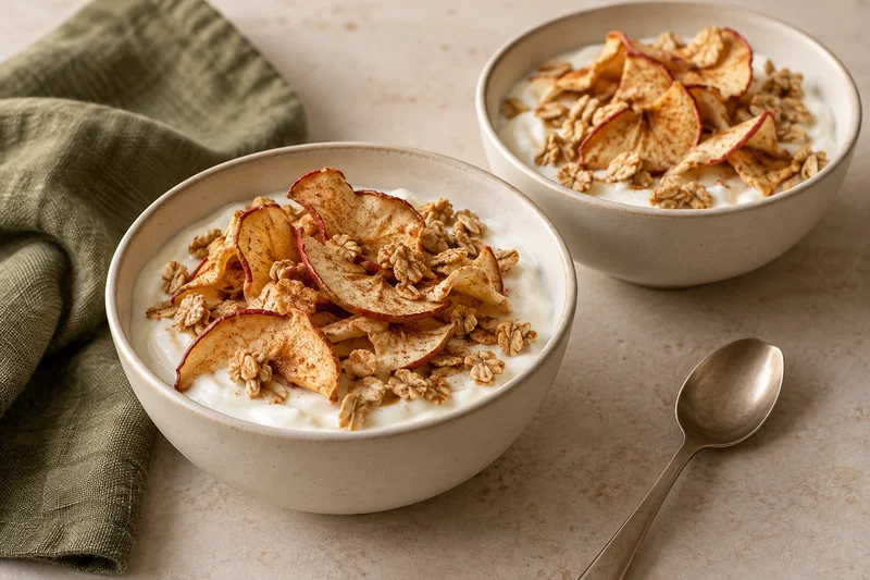 Yogur natural servido con trozos de manzana deshidratada con canela; presentación ilustrativa generada con IA